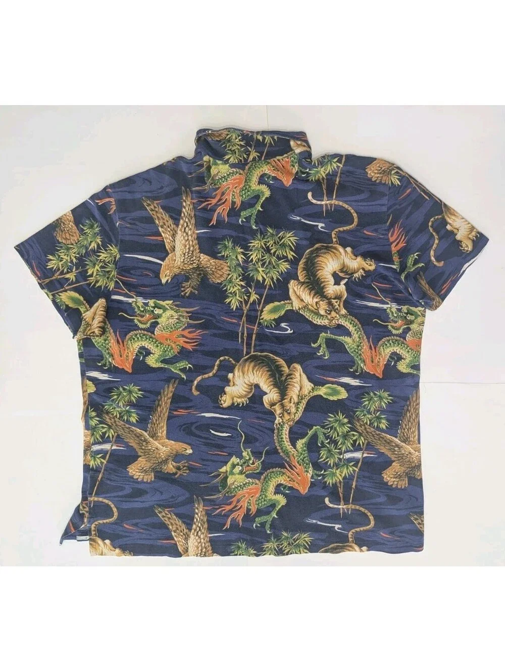 Vtg Polo Ralph Lauren Dragon Tiger Eagle Polo Shirt All Over Print Mens 2XL XXL